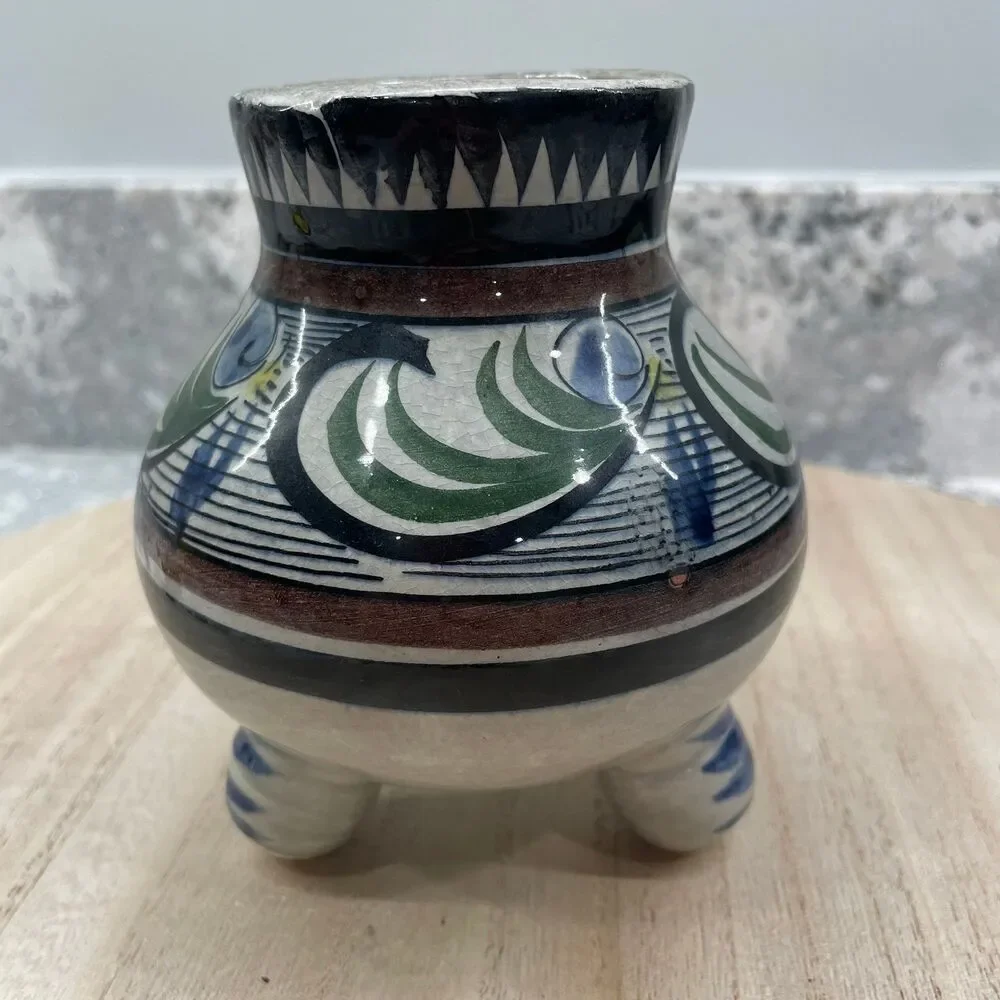 Signed Authentic Tonala Mexican Round Footed Bowl Pot Vase Hand Painted Pottery